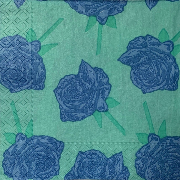 Serviette Rose blau, grüner Hintergrund, Rarität